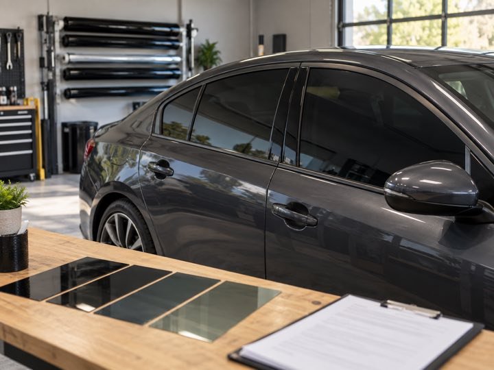 Dark sedan beside several car window tint film sample swatches